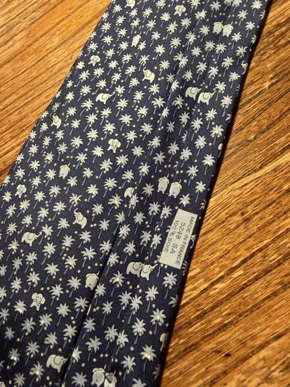 Hermes Paris Navy White Elephant and Palm Print Silk Tie